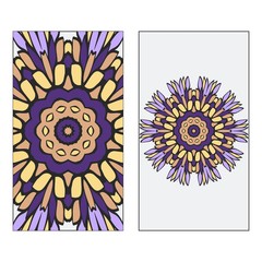 Set of two card collection. Vintage decorative elements with mandala. Hand drawn background. Islam, Arabic, Indian, ottoman motifs. Vector illustration. Purple, grey, yellow color