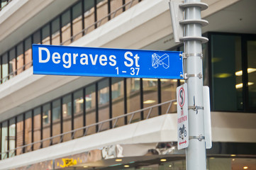 MELBOURNE, AUSTRALIA - JULY 26, 2018: Blue metal sign of Degraves Street on a pole in Melbourne Australia