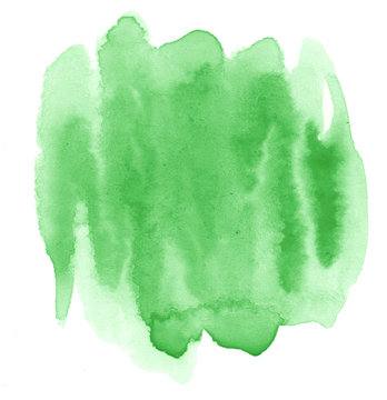 Green watercolor hand-drawn isolated wash stain on white background for text, design. Abstract texture made by brush for wallpaper, label. © ss404045