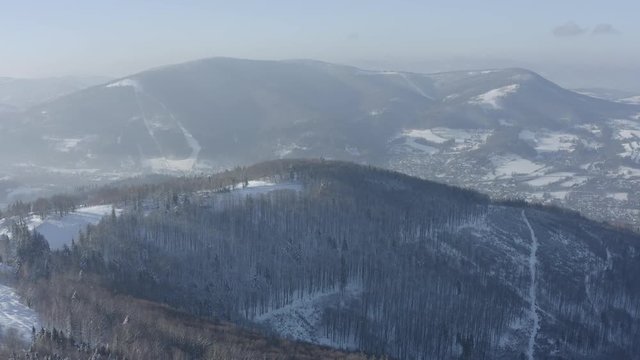 Winter scenery in Silesian Beskids mountains. View from above. DJI Mavic 2 Pro 4k dlog-m ungraded flat.