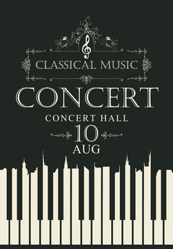 Vector poster for a concert of classical music with piano keys and treble clef in retro style on black background. White keys in the form of silhouettes of roofs of old houses