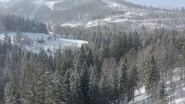 Winter scenery in Silesian Beskids mountains. View from above. DJI Mavic 2 Pro 4k dlog-m ungraded flat.