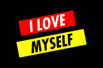 Two angled lines with the text I love myself, appearing on the screen, 1970s progressive poster film style. White, red and yellow.