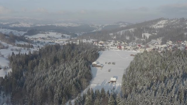 Winter scenery in Silesian Beskids mountains. View from above. DJI Mavic 2 Pro 4k dlog-m ungraded flat.