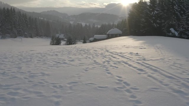 Winter scenery in Silesian Beskids mountains. View from above. DJI Mavic 2 Pro 4k dlog-m ungraded flat.