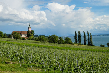 Fototapeta na wymiar a church with a view of the lake constance