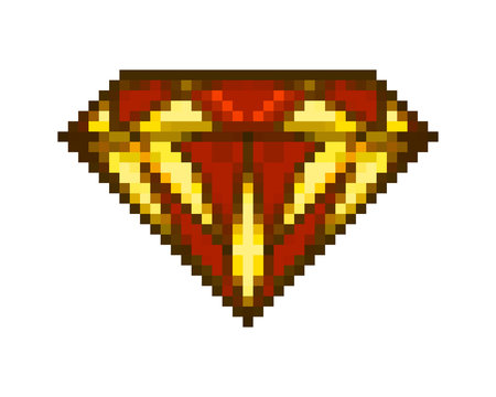 Pixel art: a shiny red and yellow ruby gem.