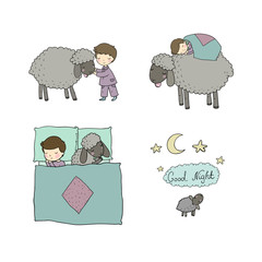 Sleeping boy and cute cartoon sheep. Good night. sleep time. Print for pajamas .