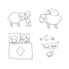 Sleeping boy and cute cartoon sheep. Good night. sleep time. Print for pajamas .
