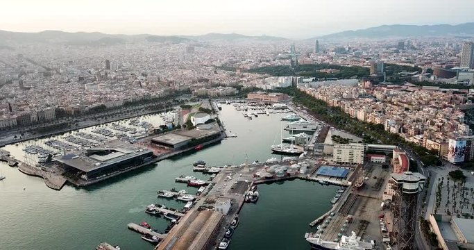 BARCELONA, SPAIN - July 29, 2018: View from drones of sailboats and yachts in old port of Barcelona 