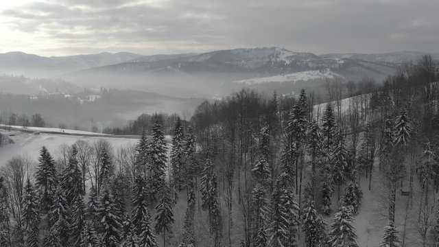 Winter scenery in Silesian Beskids mountains. View from above. DJI Mavic 2 Pro 4k dlog-m ungraded flat.