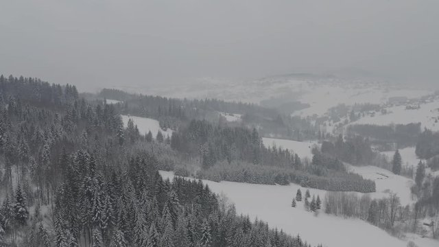 Winter scenery in Silesian Beskids mountains. View from above. DJI Mavic 2 Pro 4k dlog-m ungraded flat.