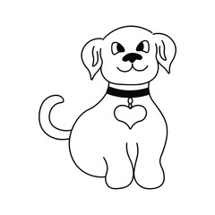A cute dog with a heart on the chest outlined in black on a white background. Print, logo, sign.