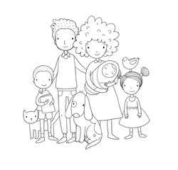 A happy family. Parents with children. Cute cartoon dad, mom, daughter, son and baby.