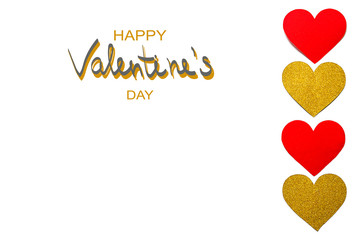 Love hearts on white background. Valentine's day card concept. Cut from the Gold paper and red hearts. Heart on Valentine's day background