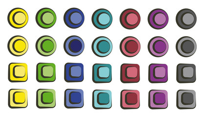 Set of colorful cartoon buttons in vector. There are circles and squares.