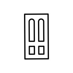 Black & white illustration of closed wooden door. Vector line icon. Isolated object