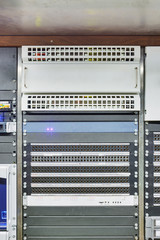 Patch panel of communication of gigabit fiber-optic network cables in the television studio and...