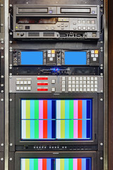 Video recorder of video recording in 4k for live broadcasts of football broadcasts with on-site television station video monitors for playing back footage