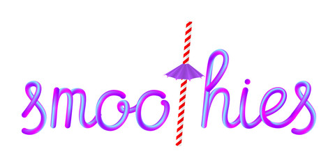 smoothies calligraphic colorful handwriting lettering text with retro striped paper drinking straw and violet umbrella isolated on white background, stock vector illustration clip art
