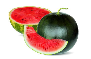 Isolated watermelon with cut watermelon slice with red flesh on white background