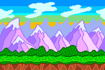 Pixel art mountains background detailed vector illustration