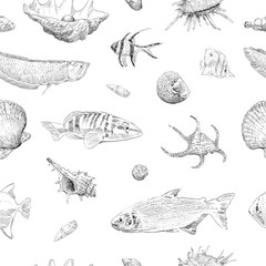 Seamless hand drawn seashells, fish, crabs, corals pattern backgrounds. Marine theme wallpaper. Vector illustration.
