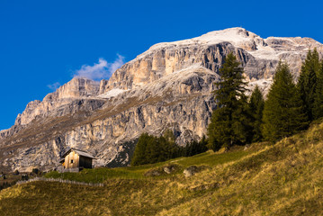 Alpine meadows with mountain hut in the autumnal Dolomites