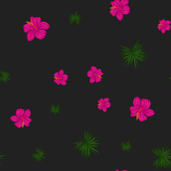 Tropical pattern with hibiscus flowers and leaves. Exotic seamless pattern with tropical leaves. Ethnic Background with Hawaiian flowers and plants.