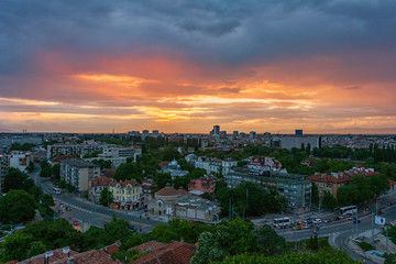 Last sun rays over Plovdiv city during sunset, Bulgaria