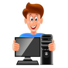Cartoon computer repair man isolated vector illustration