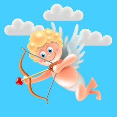 Cartoon cute cupid angel in blue sky vector