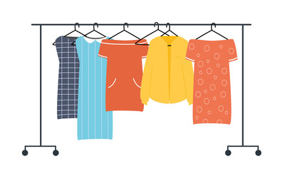 Colorful clothes hanging on the hanger. Women's clothing is stored on an open hanger. 