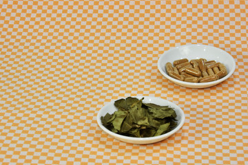 A bunch of green tea, on leaf capsules or pills on dishes.