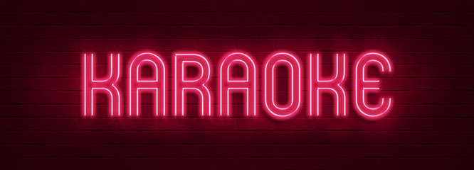 Vintage Glow Signboard with Karaoke Inscription. Shiny Neon Light Style Lettering. Inscription on Red Brick Wall. 3D Rendering