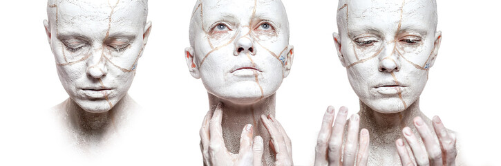 Stages of acceptance.  Three woman faces with clay on face isolated over white