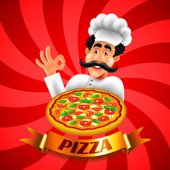 Cartoon italian pizza chef on red background vector