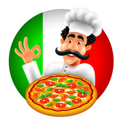 Cartoon italian pizza chef on round italy flag isolated vector