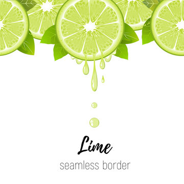 Realistic Lime Slice Seamless Border Isolated On White. Fresh Citrus With Juice Drops Vector Illustration