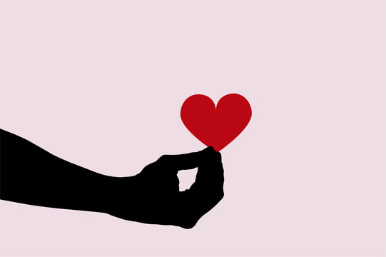 Vector illustration of realistic hand holding red heart shape on pink background. Black silhouette of arm. Valentines day greeting card. Concept of love and fun playing with emotions. Body parts 