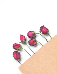 Bunch of dried red pink roses isolated on white background. Flat lay. Top view. Copy space