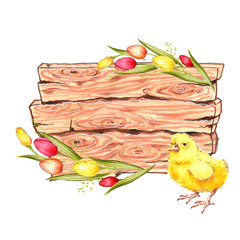 Elegant Easter day greeting card design with blossoms flowers and cute chicks