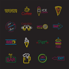Neon  icons vector illustrations set.