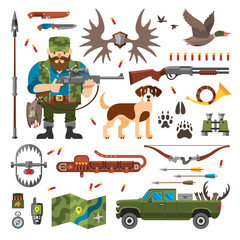 Vector illustration of flat hunting elements. Hunt set with hunter, hunting dog, duck, hunting pickup and hunting ammunition.