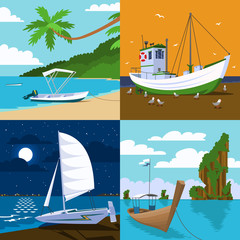 Vector illustration of boat on the beach. Seascape with boat moored to coast in flat faceted style.