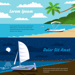 Vector template of boat on the beach. Seascape with boat moored to coast in flat faceted style.