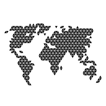 World map abstract schematic from black triangles repeating pattern geometric background with nodes. Vector illustration.