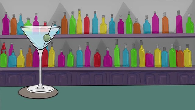 Cute animation of a Martini Glass being filled at a bar with sparkling, colorful bottles in the background. Luxury or holiday concept. Zoom at the end. Hand drawn illustrations.
