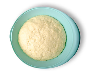 Yeast dough bakery food in bowl cooking prepare on white background isolation, top view