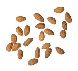 Almond nuts on white background isolation, top view